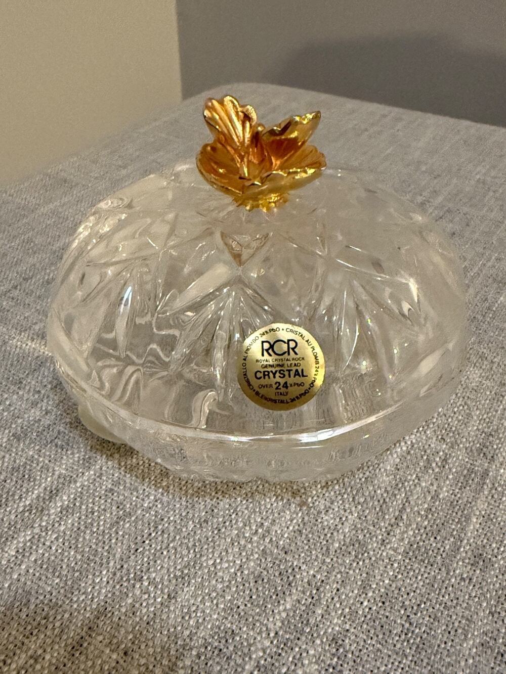 💎 RCR Italy Lead Crystal Covered Dish Candy Trinket Bowl Gold Floral Lid 4"